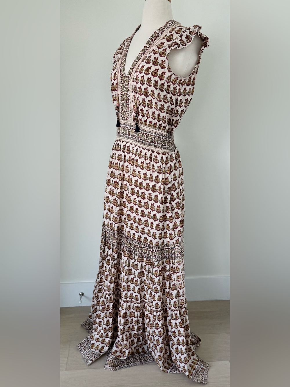 Bell By Alicia Bell Sz Small Cotton Maxi Dress Pink burgundy Block Print